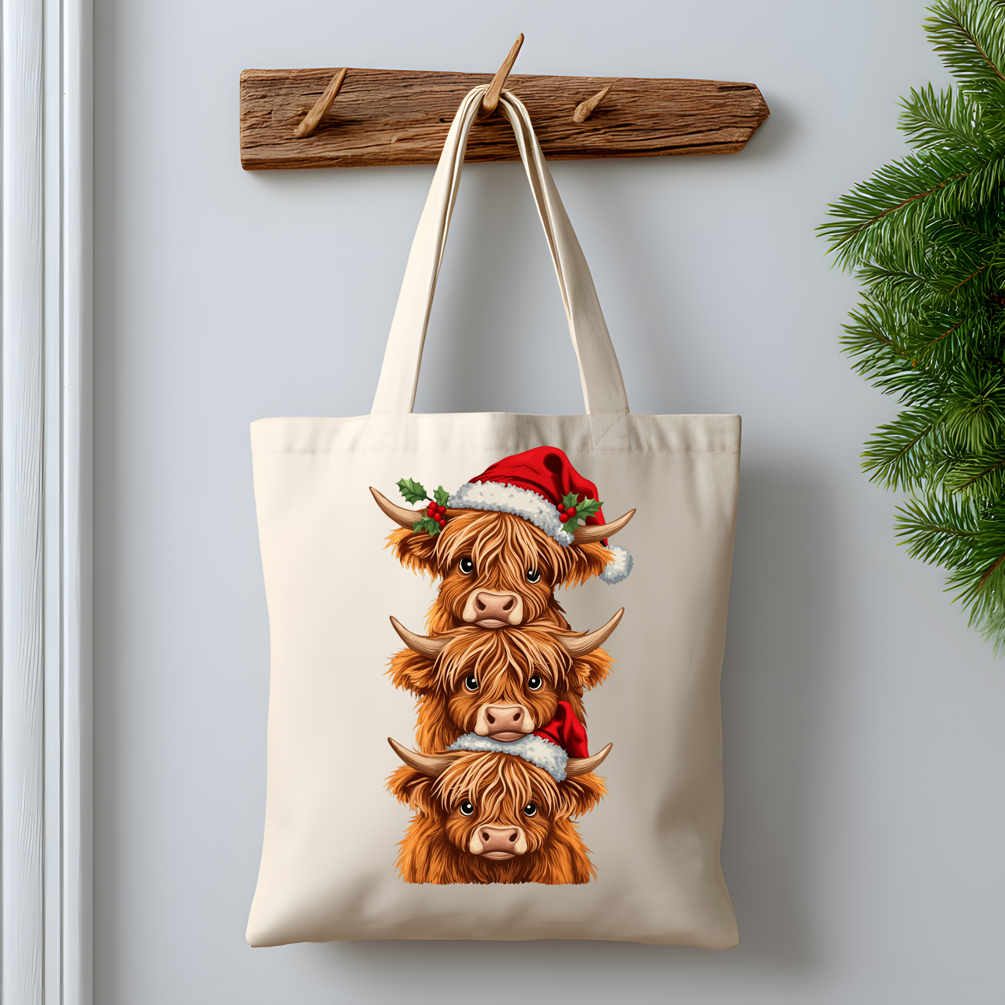 Moo-rry Christmas Highland Cow Tote Bag