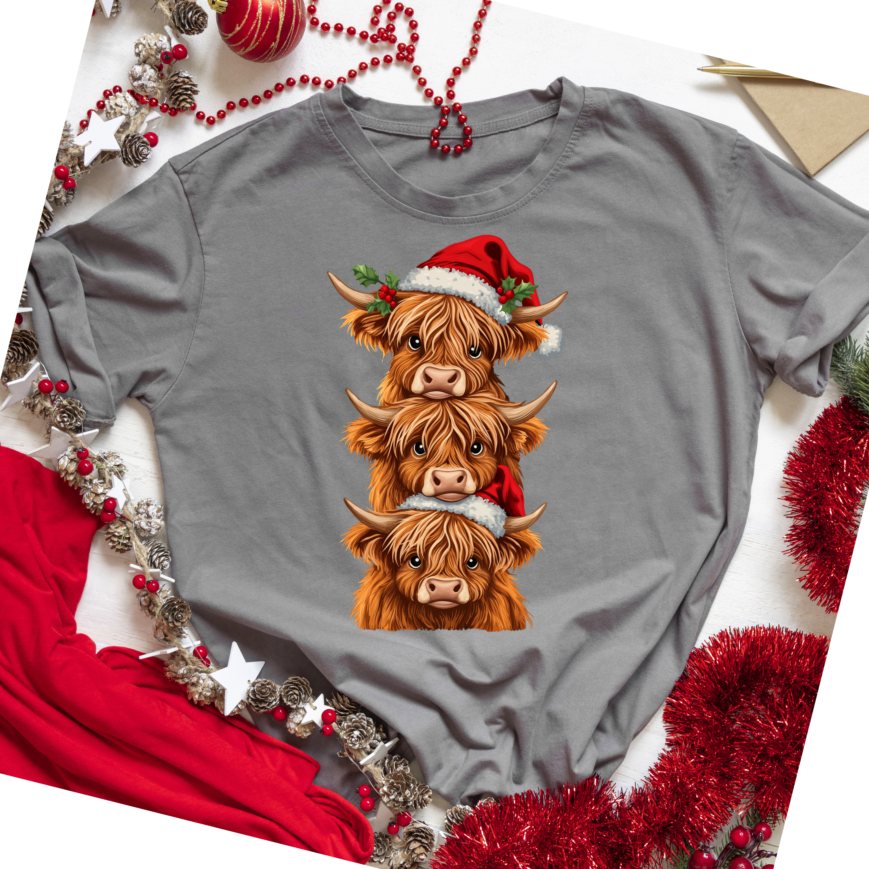 Moo-rry Christmas Highland Cow Tee